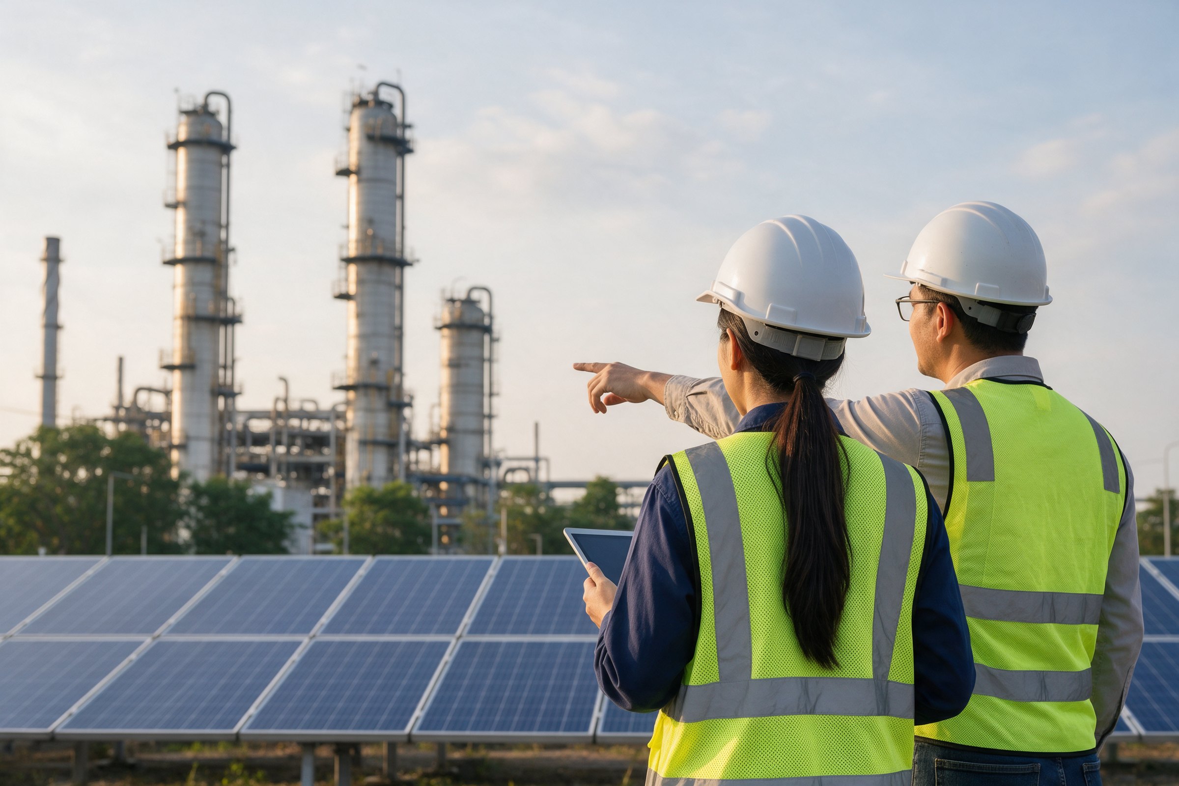 Engineers surveying a solar field